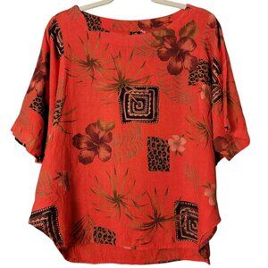 Acquarium USA Womens Linen Hawaiian Floral Tropical Beachy Boho Dolman Top Small